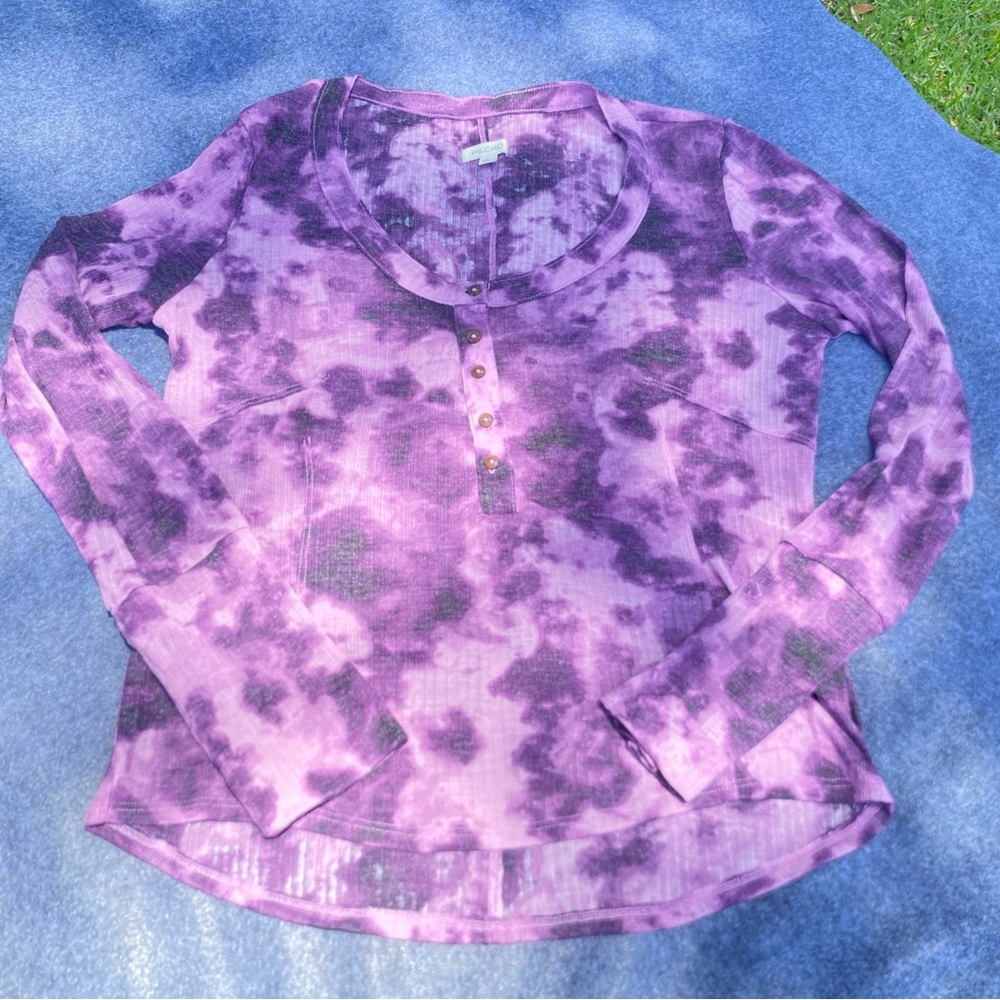 Pilcro Anthropologie Purple Tie-Dye Henley Long Sleeve Top size L